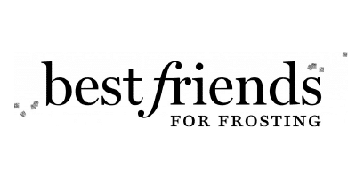 Black text on a white background reads best friends FOR FROSTING with small silver sparkling accents around the corners of the image.