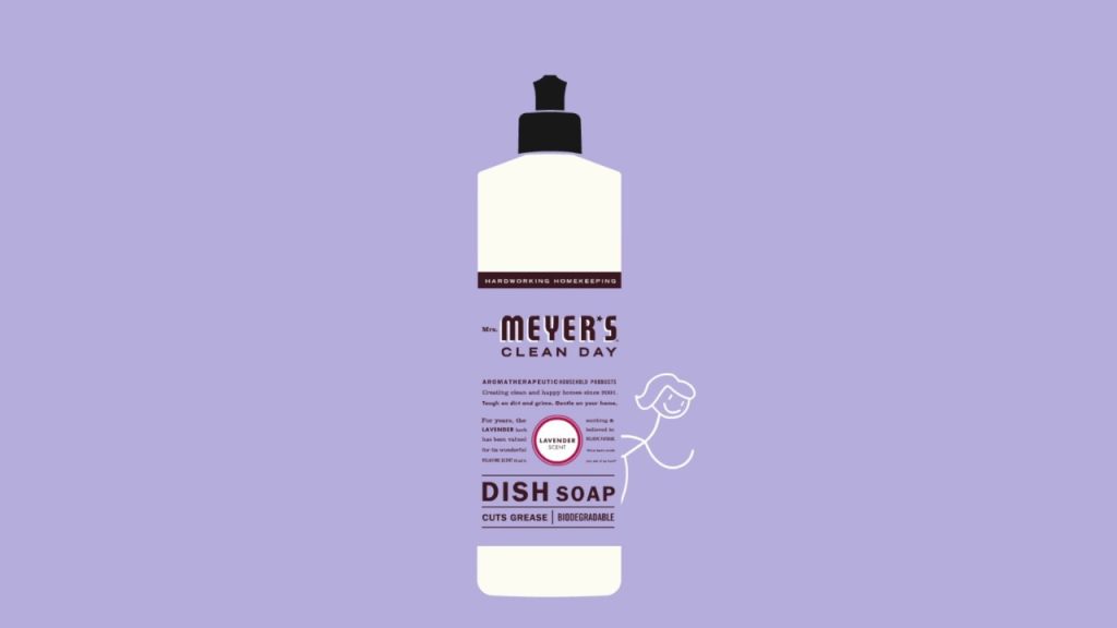 A bottle of Mrs. Meyer’s Clean Day dish soap with a black cap, shown upright on a purple background. The label is mostly white with purple and brown accents. An illustrated hand holds a sponge near the bottle.