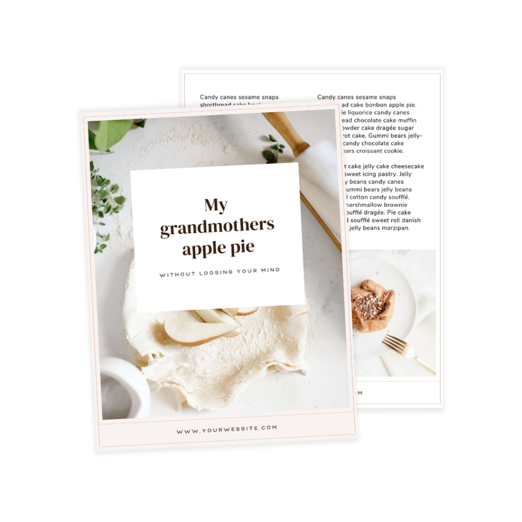 A recipe card titled My Grandmother’s Apple Pie features a photo of an unbaked pie with dough being crimped—perfect for a cozy Home Option. Text overlays the image, and a second card with printed recipes is partially visible behind it.