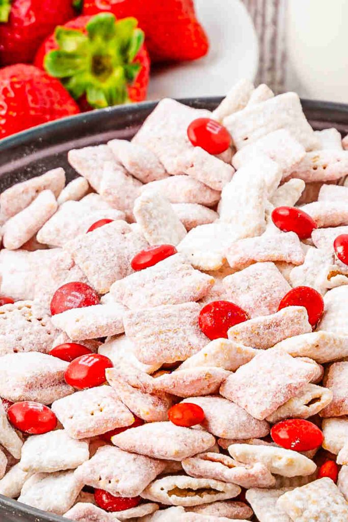 Strawberry puppy chow with m&ms