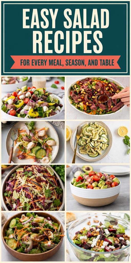 A collage of eight colorful salad bowls made with various fresh vegetables, with the title Easy Salad Recipes for Every Meal, Season, and Table displayed at the top—perfect for inspiring new Meal Ideas and Salad Recipes for any occasion.