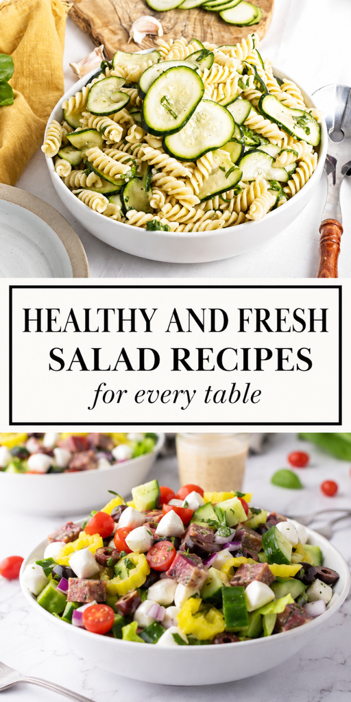 A bowl of pasta salad with cucumbers sits above text reading Healthy and Fresh Salad Recipes for every table, with two colorful chopped salads in white bowls below—perfect inspiration for anyone seeking easy salad recipes to brighten up mealtime.