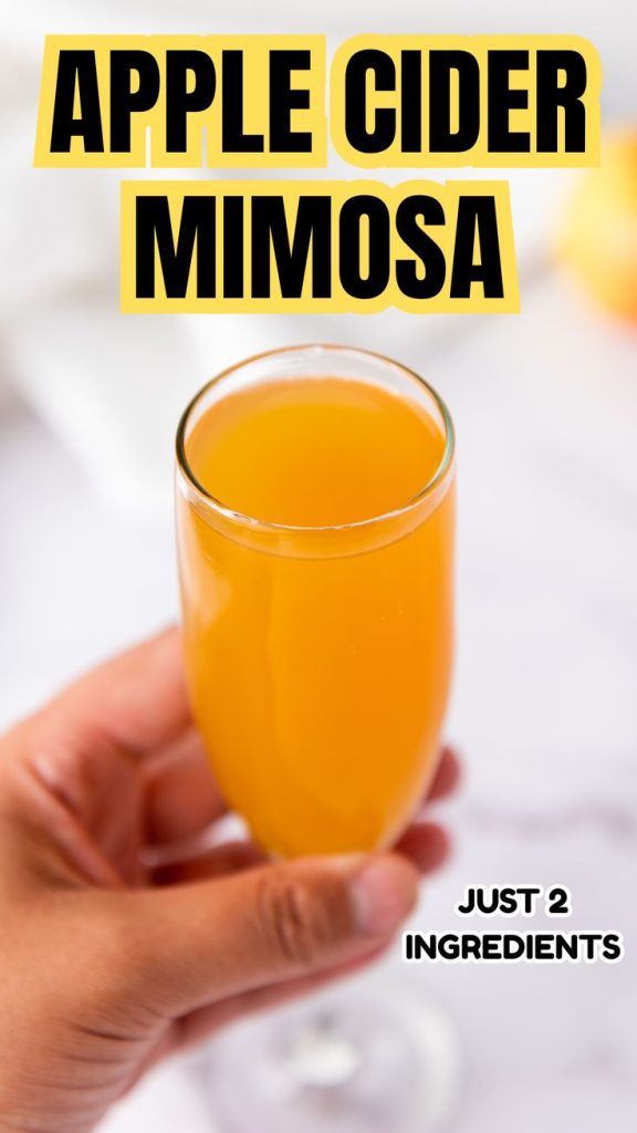 A hand holds a champagne flute filled with an orange drink. Bold text above reads “APPLE CIDER MIMOSA,” highlighting this festive cocktail, and smaller text at the bottom says “JUST 2 INGREDIENTS.”.