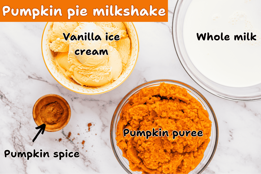 Overhead view of ingredients for a pumpkin pie spice milkshake: a bowl of vanilla ice cream, pumpkin puree, whole milk, and pumpkin spice, each labeled with text.