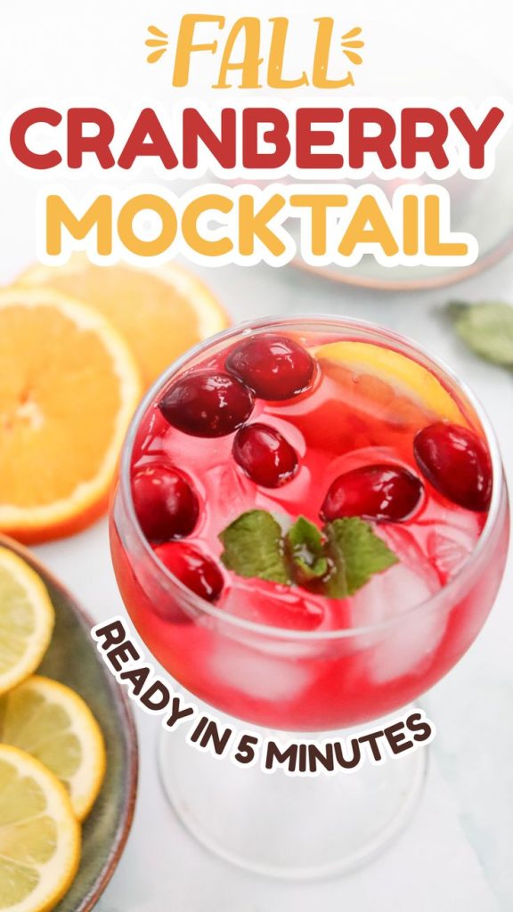 A glass of bright pink cranberry juice mocktail garnished with cranberries, mint, and an orange slice, surrounded by fresh orange and lemon slices. Text reads: Fall Cranberry Mocktail. Ready in 5 minutes.