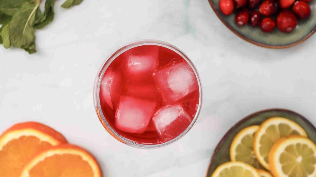 A glass of cranberry juice mocktail with ice cubes, viewed from above, surrounded by sliced oranges, lemons, cranberries, and a few mint leaves on a light surface.
