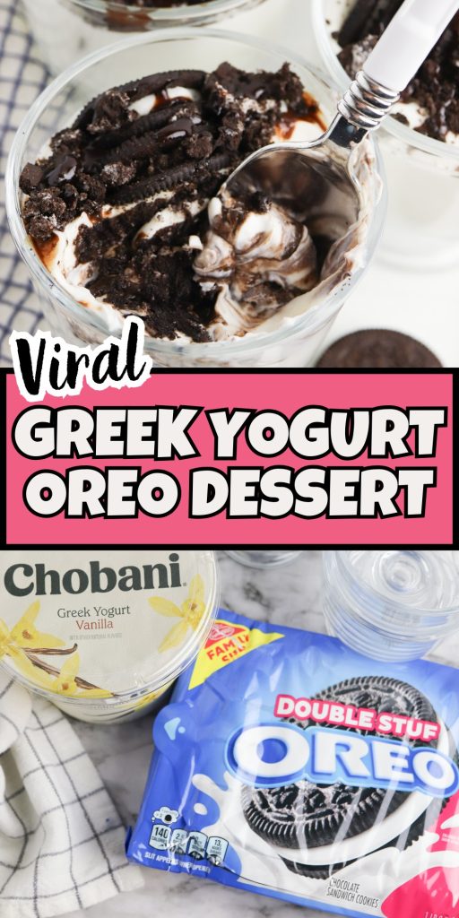 A cup filled with Greek yogurt and crumbled Oreo cookies, with a spoon dipped in. Below are packages of Chobani vanilla Greek yogurt and Double Stuf Oreo cookies on a checkered cloth. Text reads: Viral Oreo Yogurt Cups Dessert.