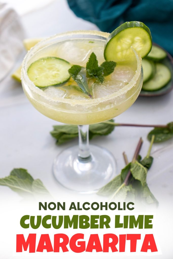 A glass of refreshing Cucumber Lime Mocktail garnished with cucumber slices and mint, with fresh mint and cucumber in the background. Text at the bottom reads: Non Alcoholic Cucumber Lime Margarita.