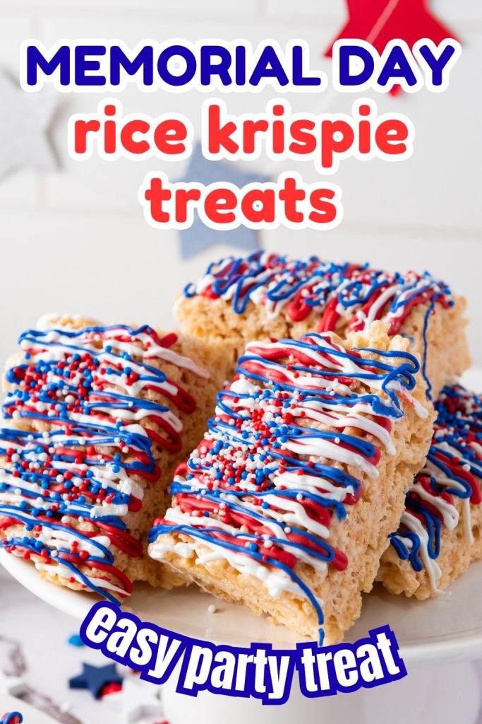 Four Memorial Day Rice Krispie Treats decorated with red, white, and blue icing and sprinkles are displayed on a white plate. The image features text: Memorial Day Rice Krispie Treats, easy party treat. Patriotic decorations are in the background.