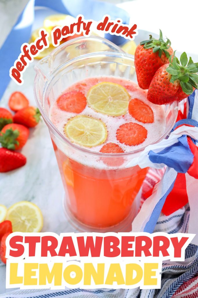 A pitcher of Strawberry Puree Lemonade with lemon and strawberry slices, garnished with fresh strawberries. Colorful ribbons decorate the handle. Text reads: Perfect party drink. Strawberry Lemonade.