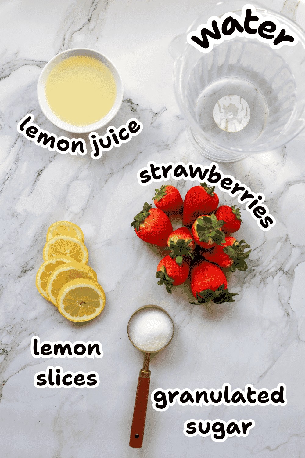 A marble surface displays lemon juice in a bowl, a glass of water, several whole strawberries, lemon slices, and a measuring spoon of granulated sugar—each playfully labeled as key ingredients for Strawberry Puree Lemonade.