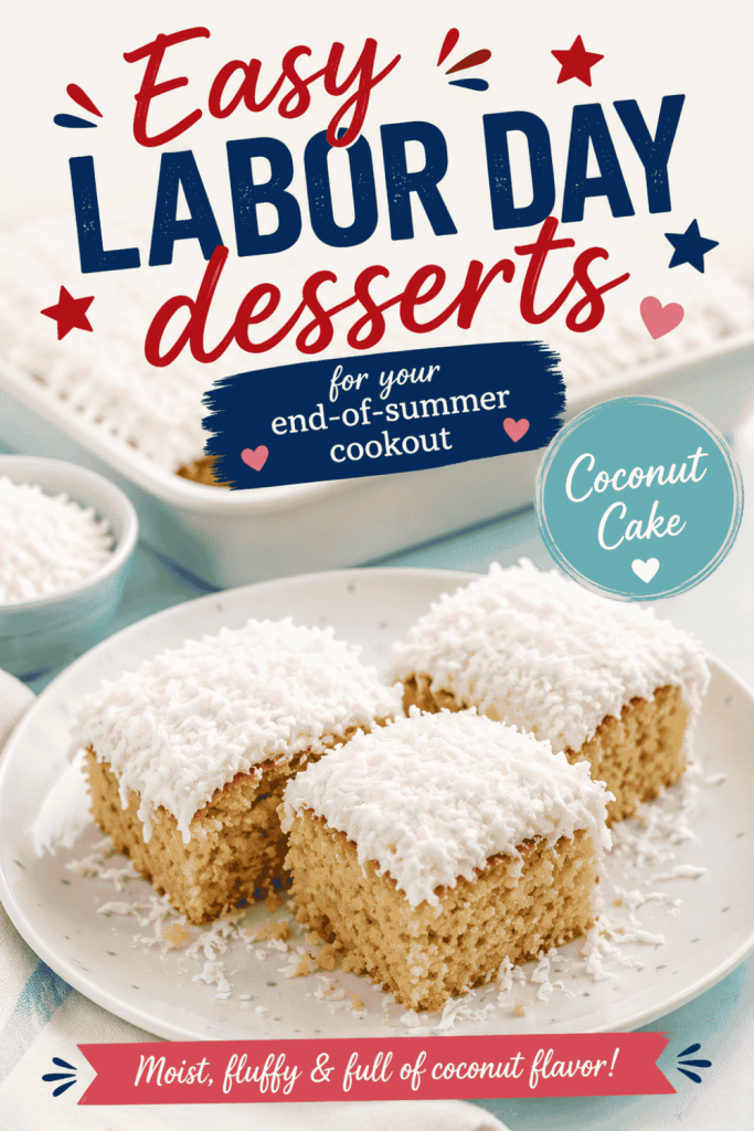 Three square pieces of coconut cake sit on a white plate. The cake is topped with fluffy white coconut flakes. Text promotes Easy Labor Day Desserts and highlights the coconut cake as moist, fluffy, and bursting with rich coconut flavor—making it a perfect treat for your holiday celebration.