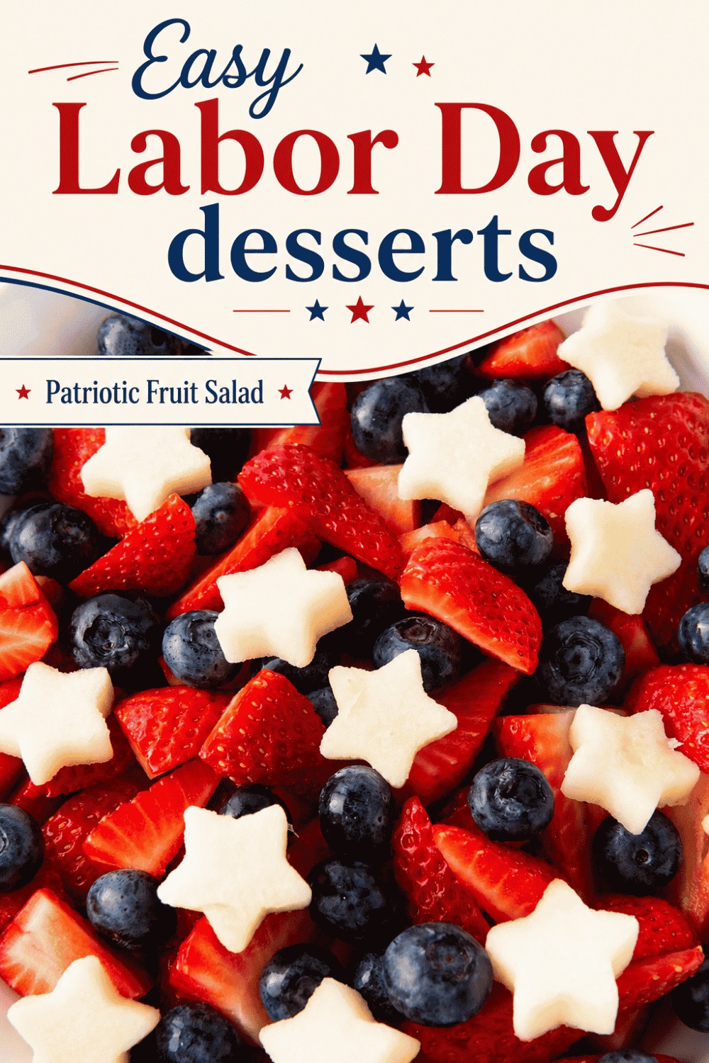 A bowl of fruit salad with blueberries, strawberries, and star-shaped pieces of melon. Text reads, “Easy Labor Day Desserts: Patriotic Fruit Salad,” with red, white, and blue stars and festive design elements to celebrate the holiday in delicious style.