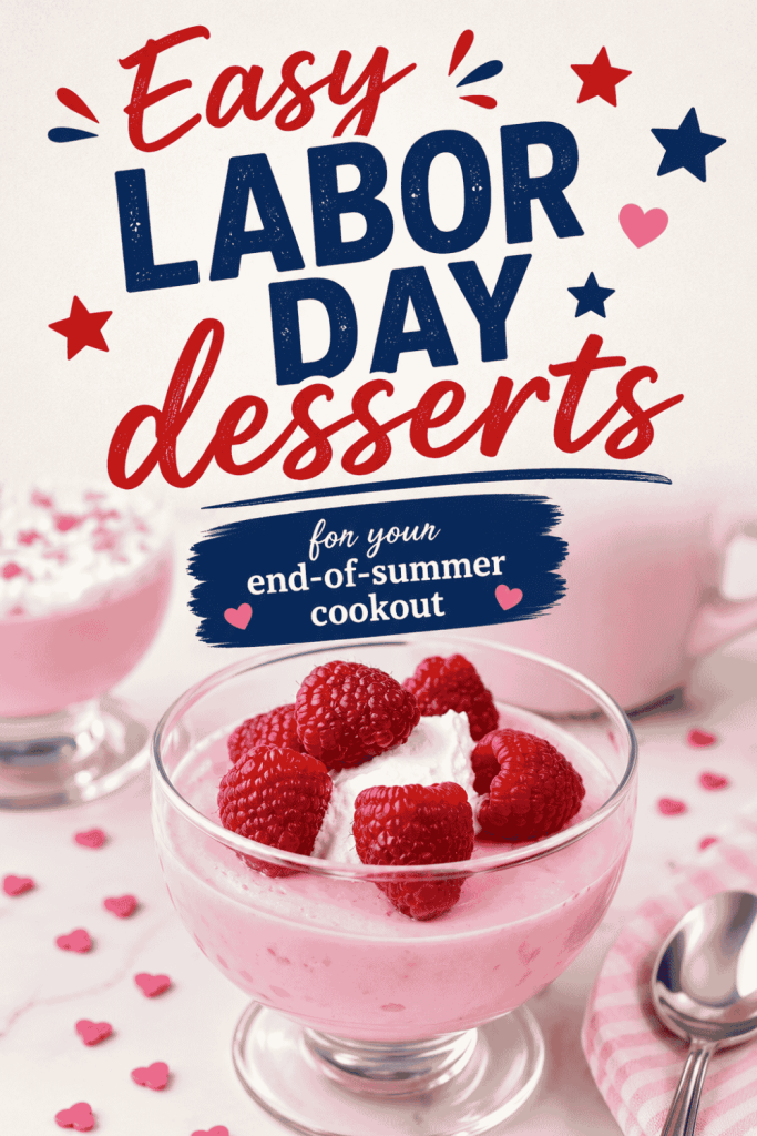 Two glass bowls of pink mousse topped with whipped cream and raspberries sit ready to enjoy. The text above reads: “Easy Labor Day Desserts for your end-of-summer cookout,” accented with festive red and blue stars.