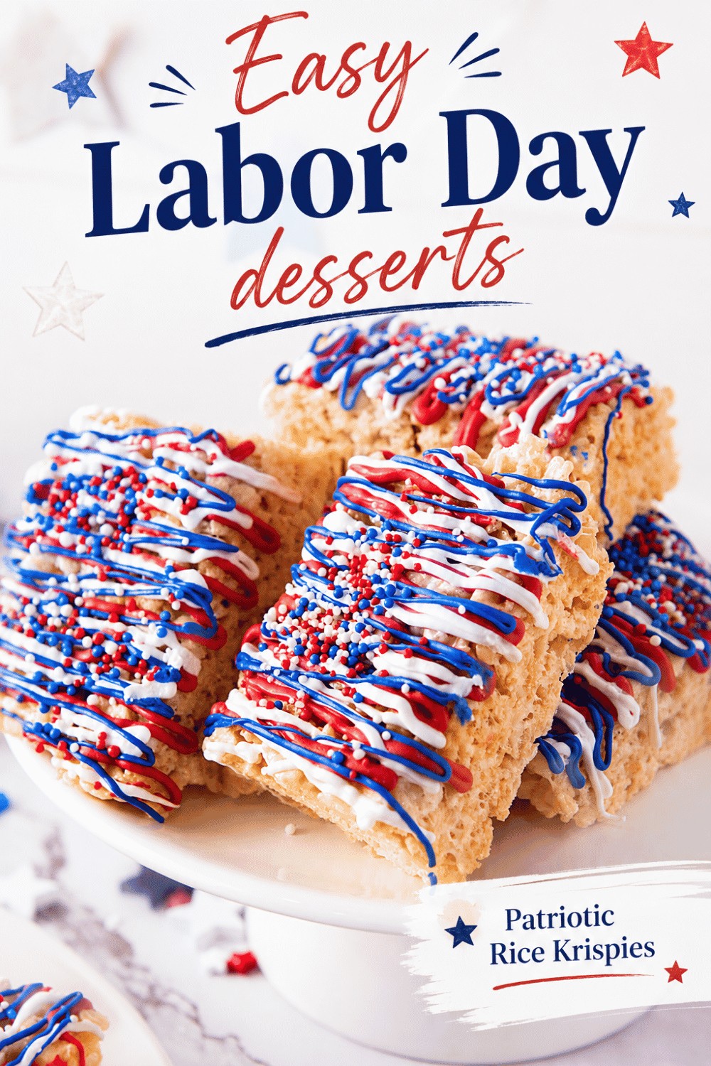 Rice Krispie treats topped with red, white, and blue icing and sprinkles on a white plate. Text reads “Easy Labor Day Desserts” and “Patriotic Rice Krispies,” making these sweet bites the perfect addition to your festive celebration.