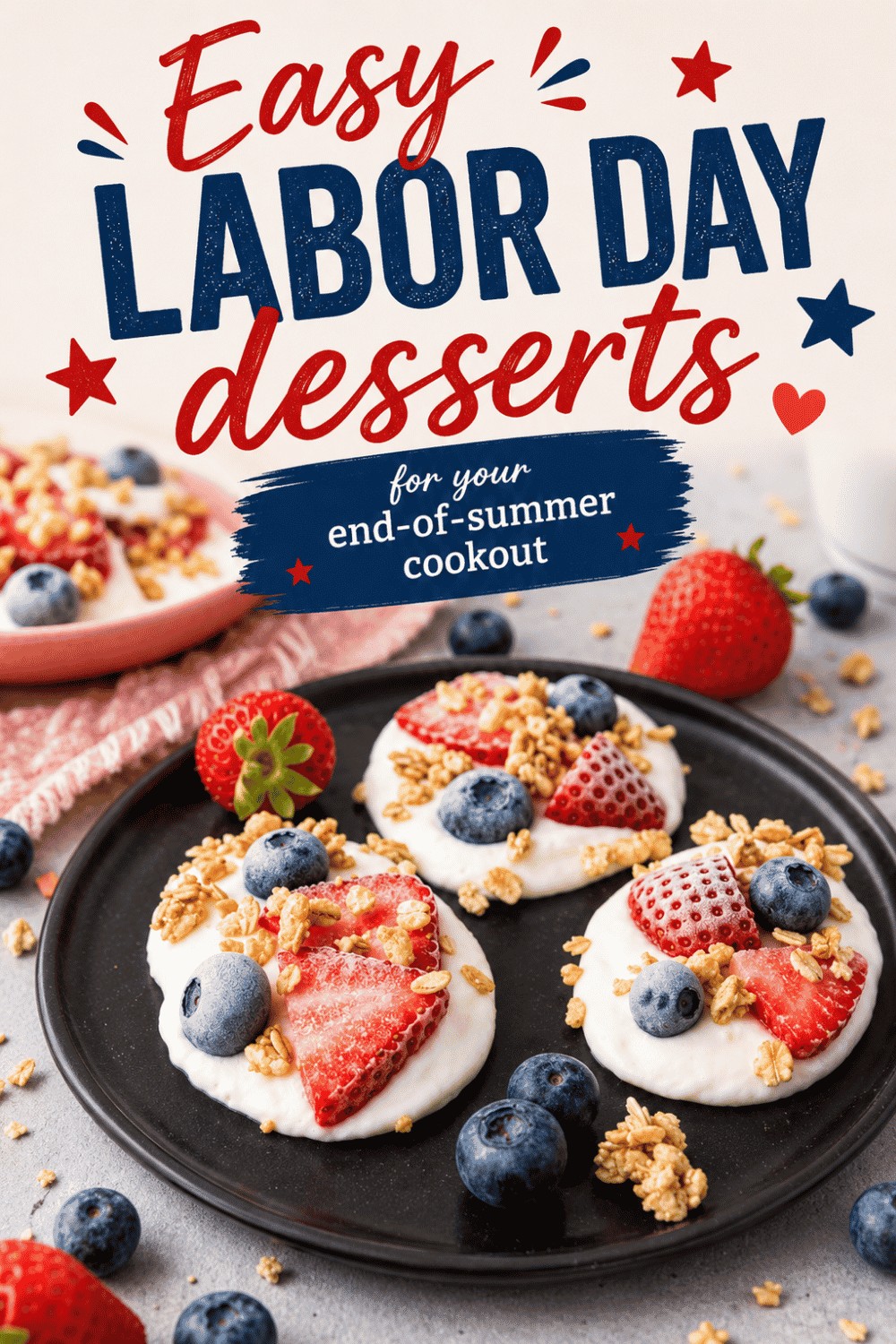 A plate with yogurt desserts topped with strawberries, blueberries, and granola. Text reads: “Easy Labor Day Desserts for your end-of-summer cookout.” Other fruit and dessert plates appear in the background.