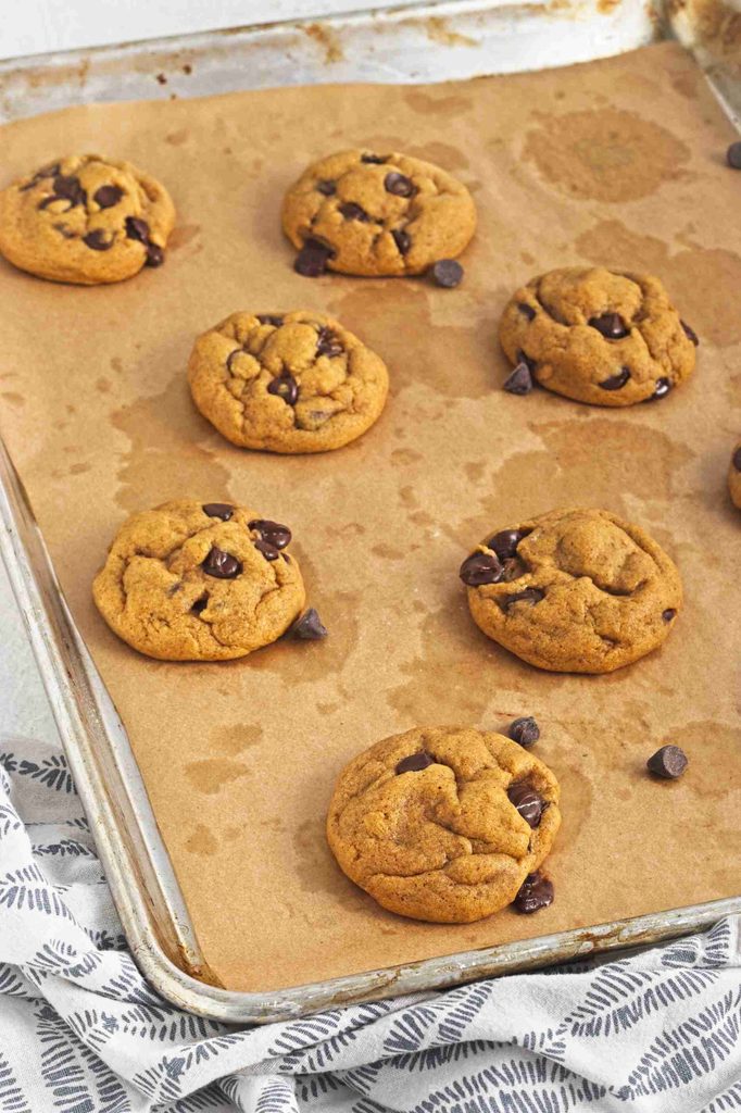A baking sheet lined with parchment paper holds eight freshly baked vegan pumpkin chocolate chip cookies, resting on a patterned cloth.