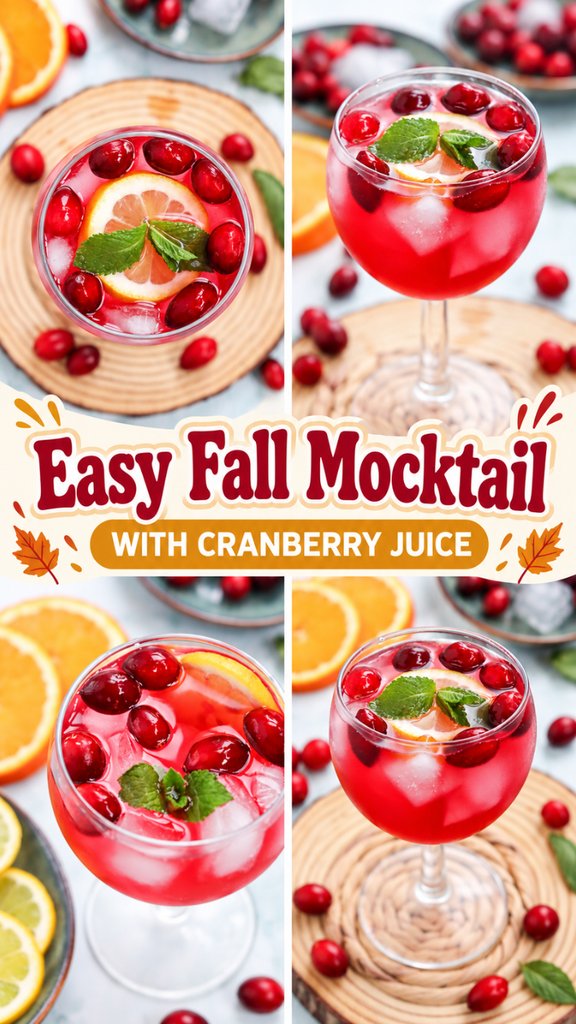 A collage showing a festive fall mocktail with cranberry juice, ice, cranberries, orange, and lemon slices, garnished with mint. Text reads: Easy Fall Mocktail with Cranberry Juice.