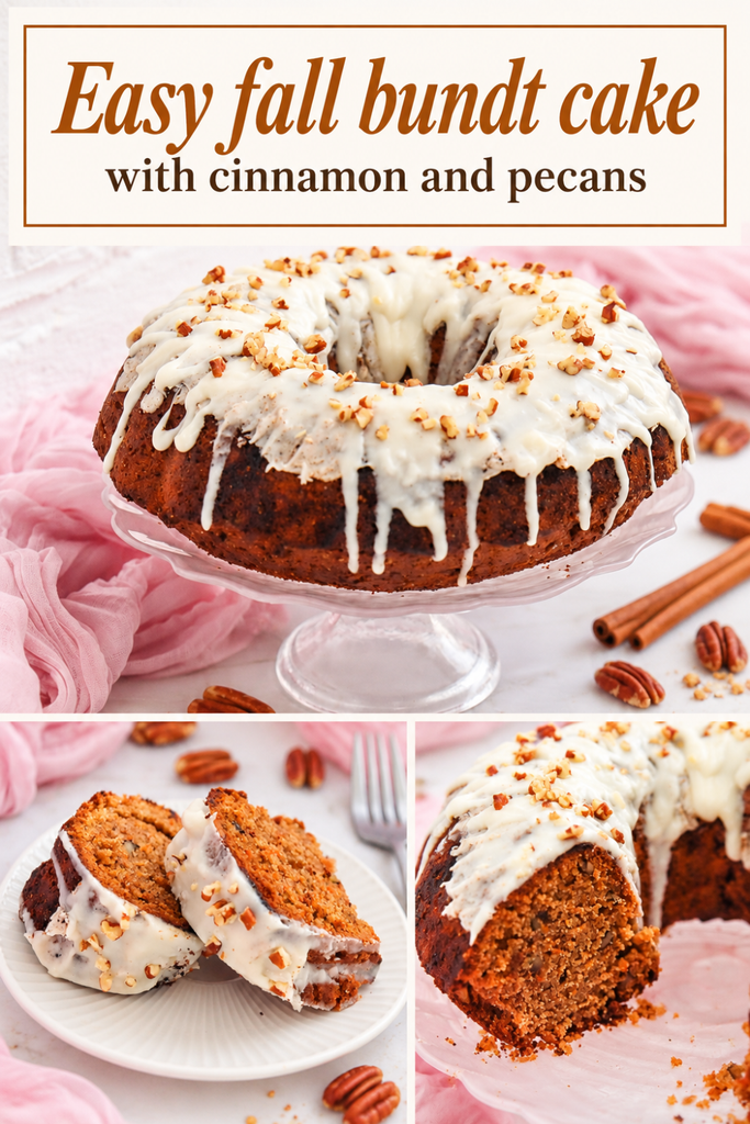 A cinnamon pecan bundt cake with white icing sits on a glass stand—a classic fall bundt cake recipe perfect for cool weather gatherings. Two images below show sliced pieces revealing the moist texture, with scattered pecans and cinnamon sticks as garnish.