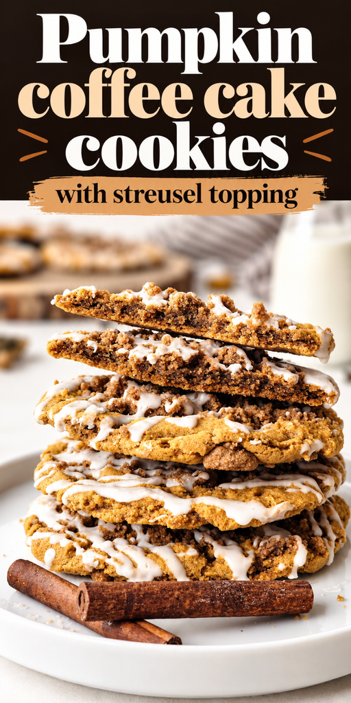 A stack of pumpkin coffee cake cookies with streusel topping and white icing, placed on a plate with cinnamon sticks; text above describes these delicious pumpkin cookies with icing.