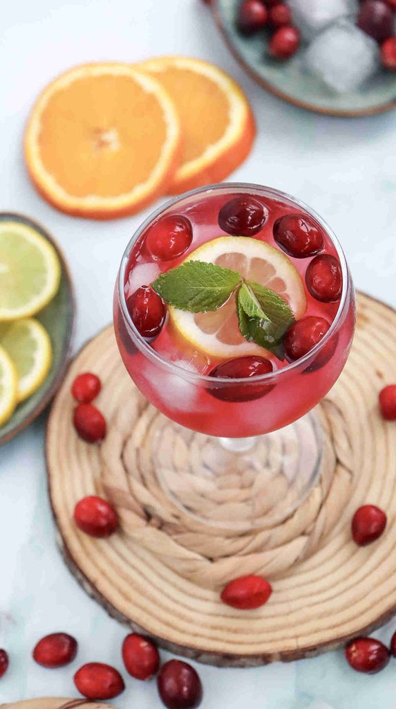 A refreshing fall mocktail with cranberry juice, served in a glass with ice, cranberries, a lemon slice, and mint, surrounded by fresh citrus slices and cranberries on a wooden coaster.
