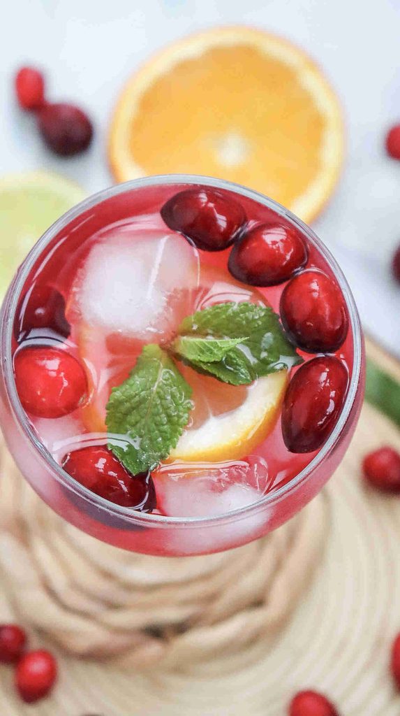 A close-up of a glass filled with ice, cranberries, lemon slice, and mint leaves, with a pink beverage—creating the perfect fall mocktail. An orange slice and cranberries are blurred in the background, highlighting this refreshing mocktail with cranberry juice.