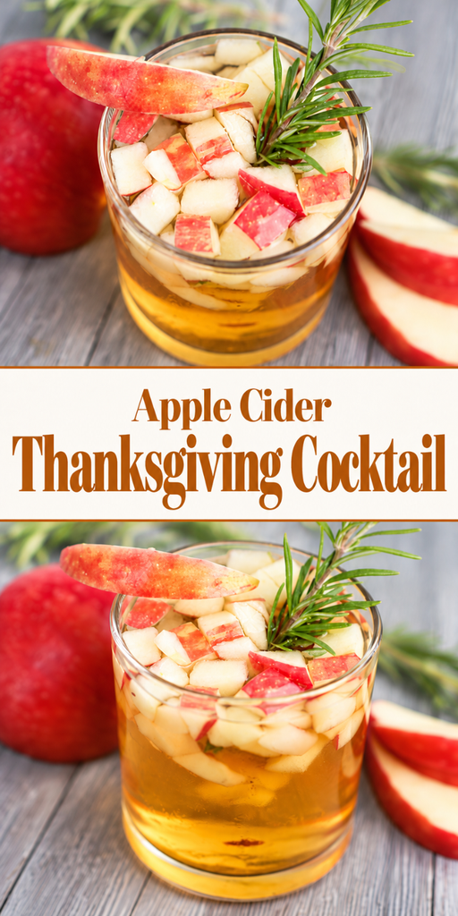 A glass of apple cider thanksgiving cocktail topped with chopped apples and a sprig of rosemary, with the text Apple Cider Thanksgiving Cocktail overlaid.