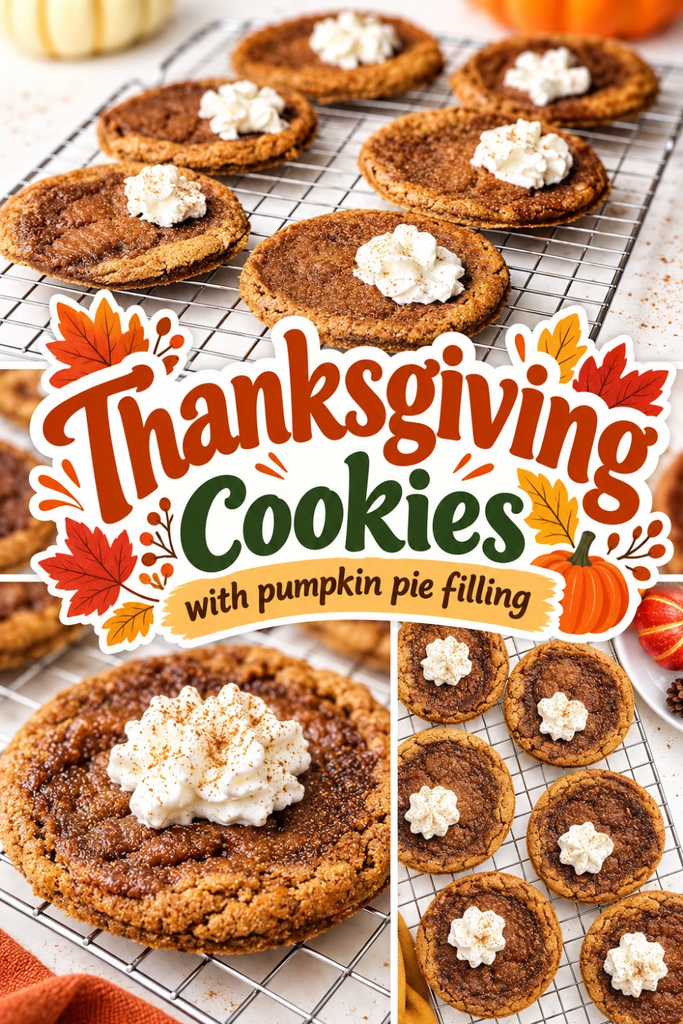 Text overlay reading Thanksgiving cookies with pumpkin pie filling over a collage of round, spiced cookies topped with whipped cream on a wire cooling rack.