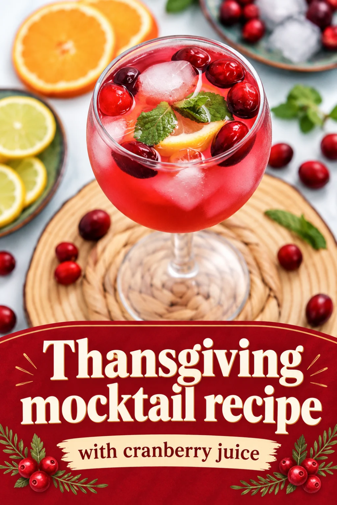 A glass of red cranberry mocktail garnished with mint, ice, and cranberries, featuring a Thanksgiving mocktail recipe with cranberry juice.