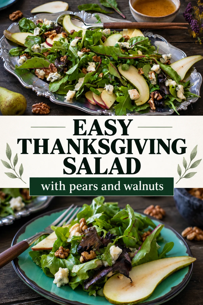 Text reading Easy Thanksgiving Salad with pears and walnuts centered between two images of a green salad featuring sliced pears, walnuts, and blue cheese.
