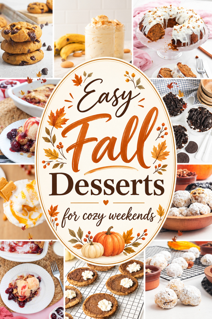 A collage of fall dessert recipes surrounding a central oval graphic that reads Easy Fall Desserts for cozy weekends, decorated with autumn leaves and pumpkins.