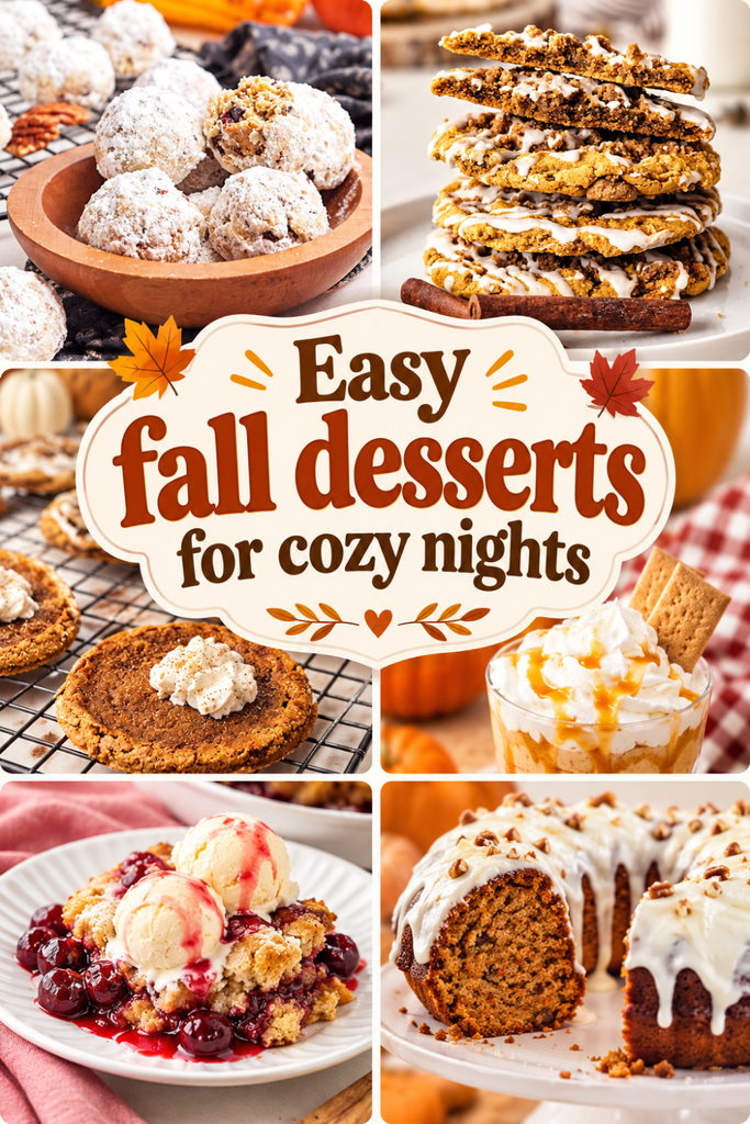 A collage of fall dessert recipes featuring powdered sugar cookies, glazed spice cookies, a pumpkin dessert, cherry crisp with ice cream, and a nut-topped bundt cake, centered around the text Easy fall desserts for cozy nights.