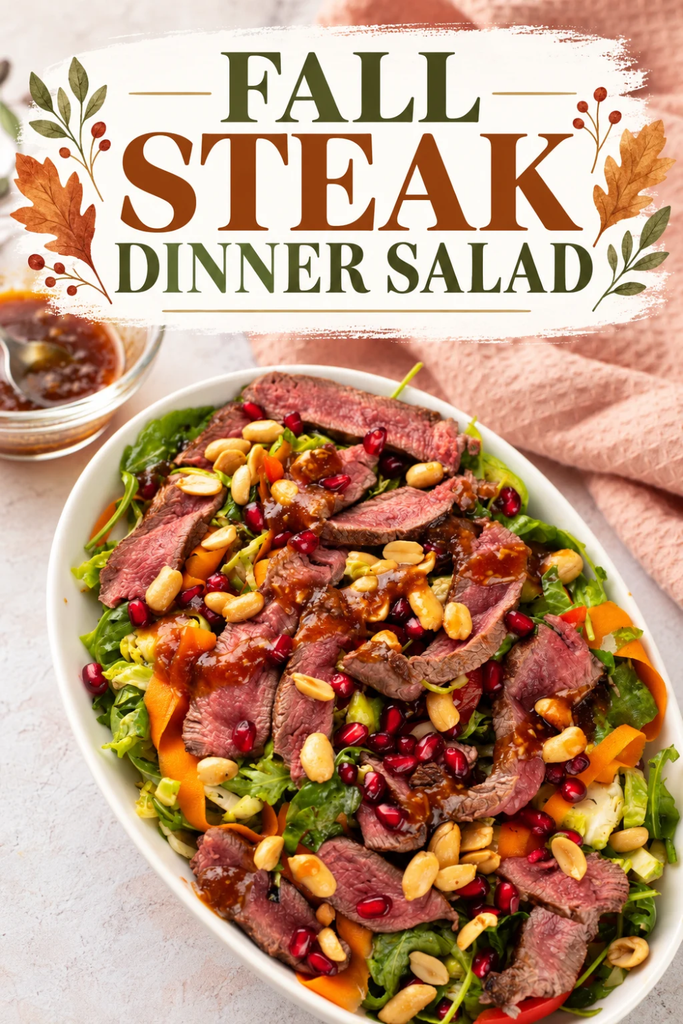 A bowl of fall steak salad topped with pomegranate seeds and peanuts, with text above reading Fall Steak Dinner Salad.