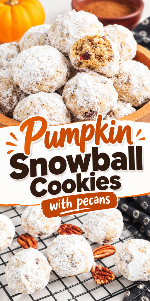 A bowl of powdered sugar-coated pumpkin snowball cookies with pecans, some pumpkin snowballs on a cooling rack, and text that reads Pumpkin Snowball Cookies with pecans.
