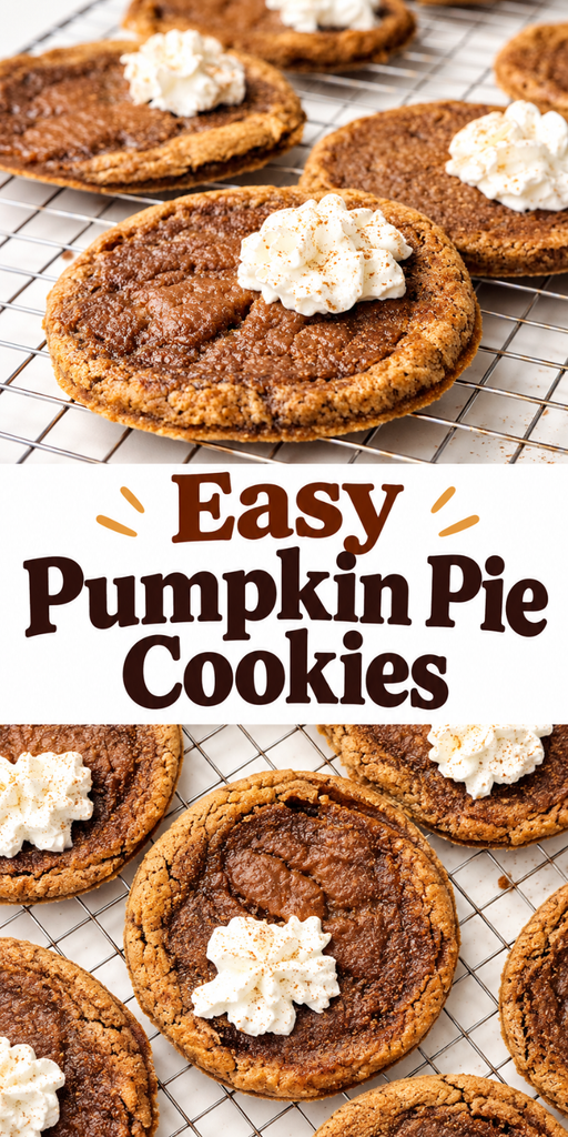 Pumpkin pie filled cookies with dollops of whipped cream sit on a cooling rack. Text in the center reads Easy Pumpkin Pie Cookies. The cookies look golden brown and spiced.