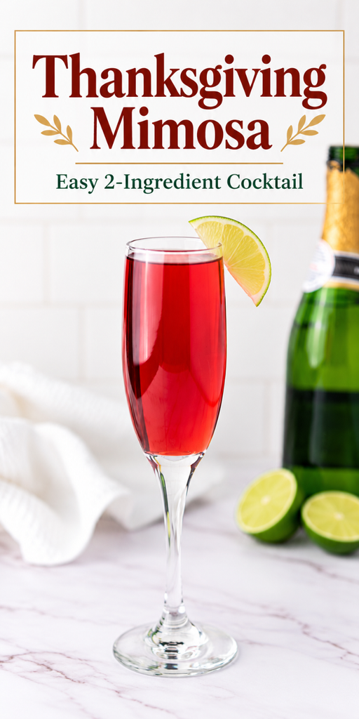 A flute of red Thanksgiving cranberry cocktail garnished with a lime slice, next to a bottle of sparkling wine and halved limes, with text overlay reading Thanksgiving Mimosa, Easy 2-Ingredient Cocktail.