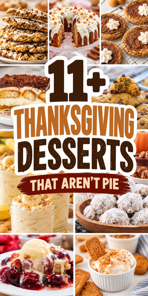 Collage of easy thanksgiving desserts including cookies, bundt cake, tiramisu, banana pudding, and fruit cobbler, with the text 11+ Thanksgiving Desserts That Arent Pie overlaid in the center.