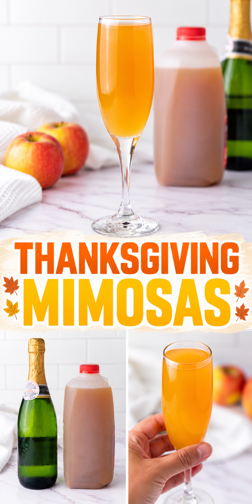 A glass of orange-hued Thanksgiving mimosas next to bottles of sparkling wine and apple cider, with the text THANKSGIVING MIMOSAS centered in the middle.