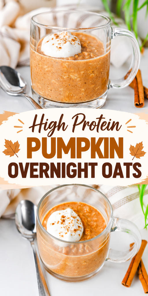 Glass mug of high protein pumpkin overnight oats topped with whipped cream and cinnamon.